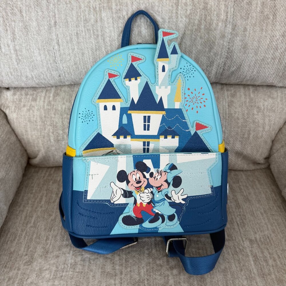 Loungefly Disney Parks Disneyland 65th Anniversary Mickey Minnie Castle Backpack